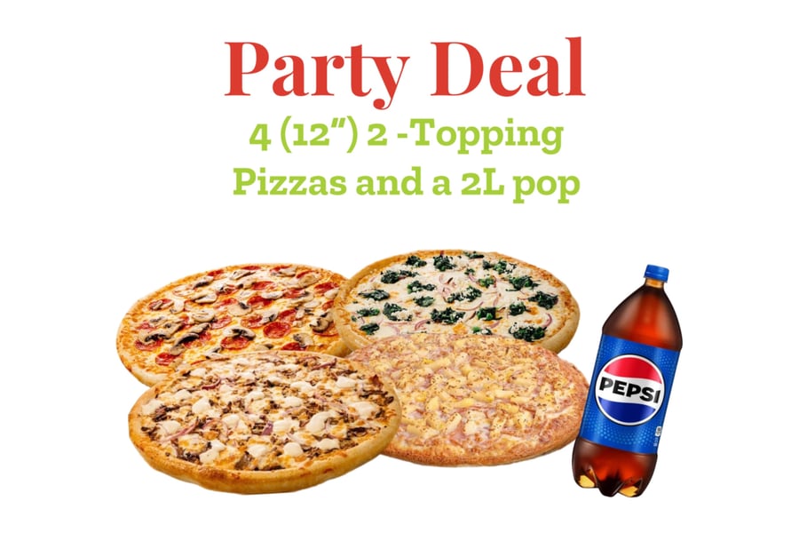 Party Deal: four 12-inch 2-topping pizzas and a 2L pop