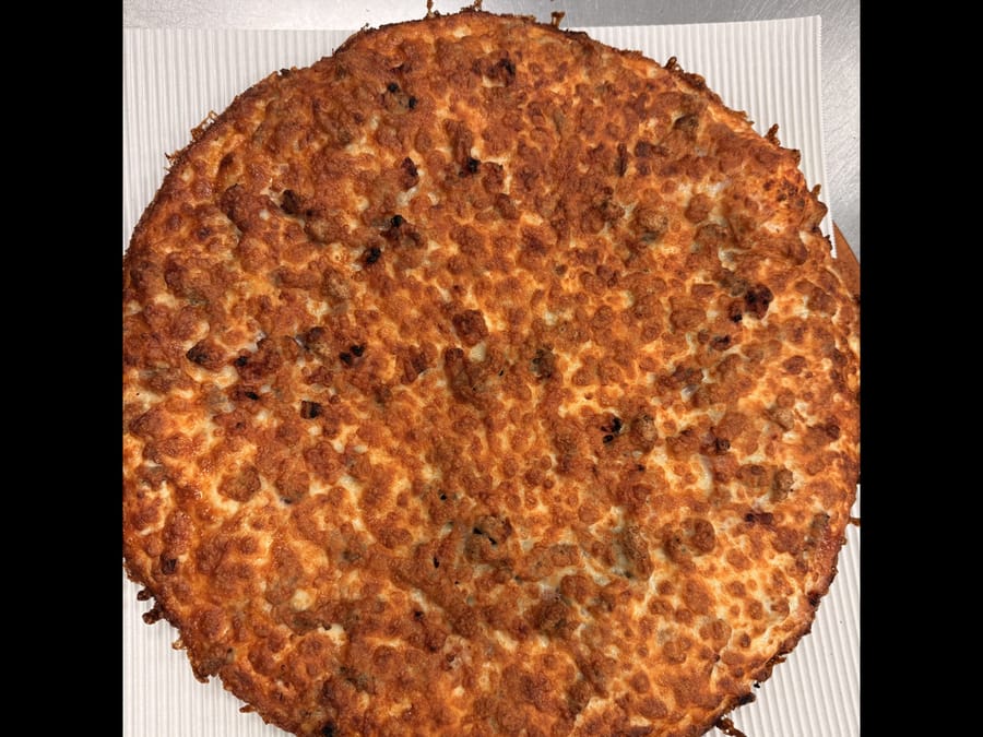 Cheese pizza, golden on top